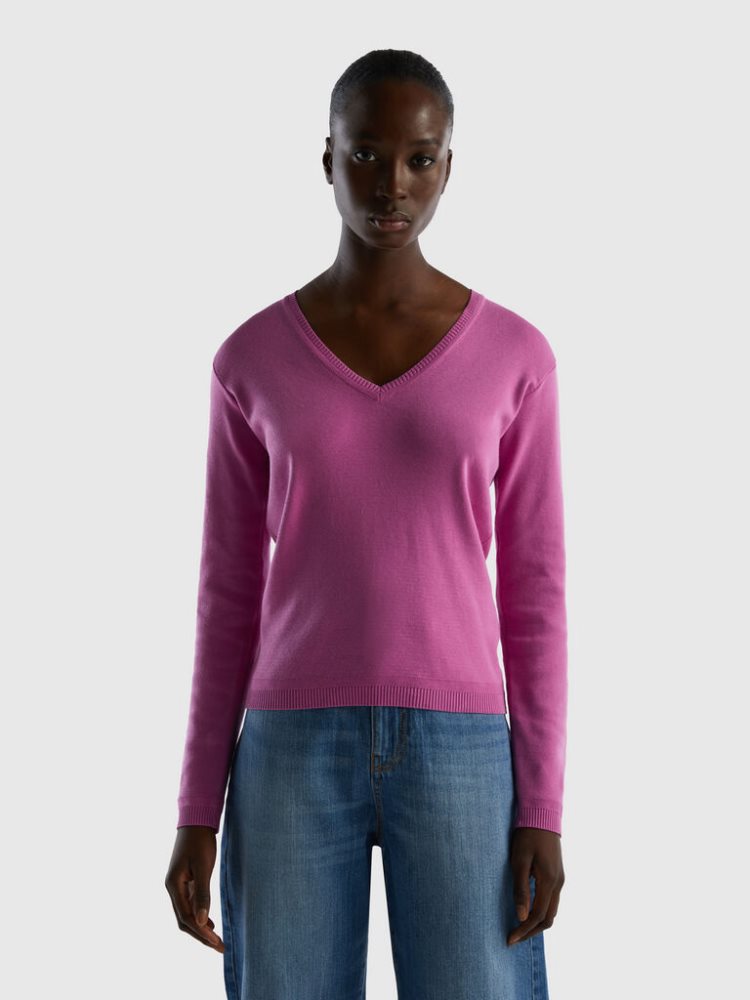 Benetton Pure Katoenen V-neck Truien Dames Roze | BE292079