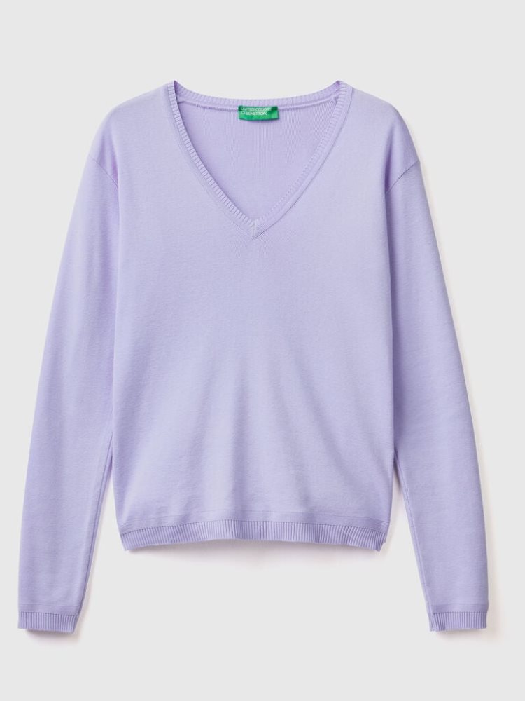 Benetton Pure Katoenen V-neck Truien Dames Lavendel | BE324901