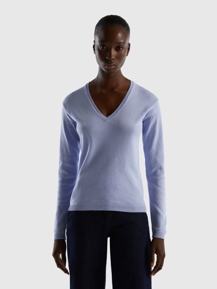 Benetton Pure Katoenen V-neck Truien Dames Lavendel | BE324901