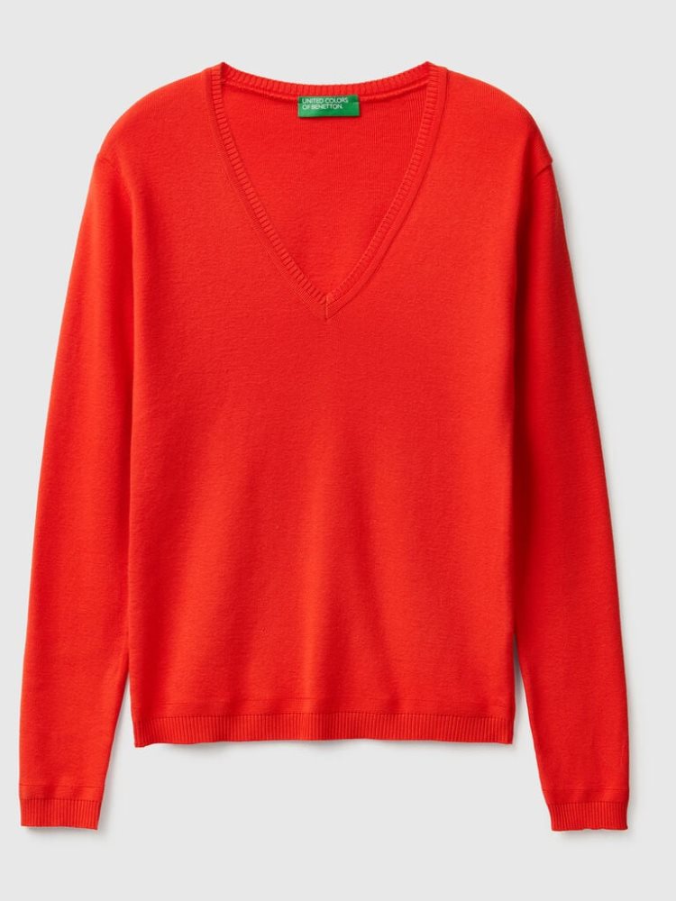 Benetton Pure Katoenen V-neck Truien Dames Rood | BE324991