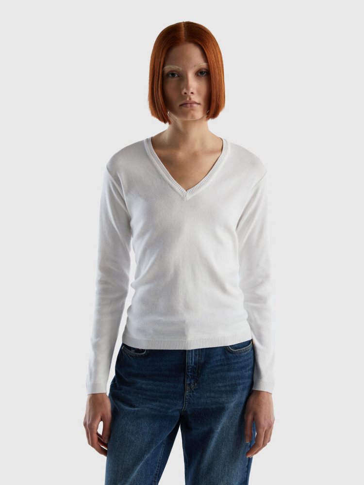 Benetton Pure Katoenen V-neck Truien Dames Wit | BE876763