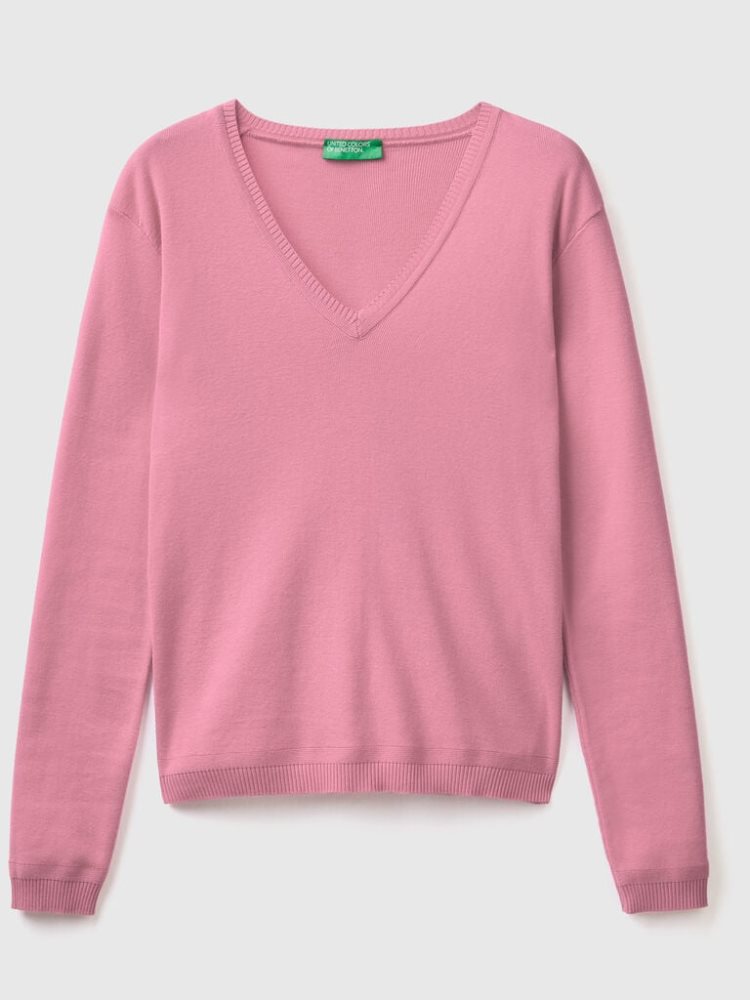 Benetton Pure Katoenen V-neck Truien Dames Roze | BE997827