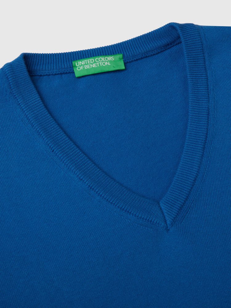 Benetton Pure Katoenen V-neck Truien Heren Blauw | BE021669