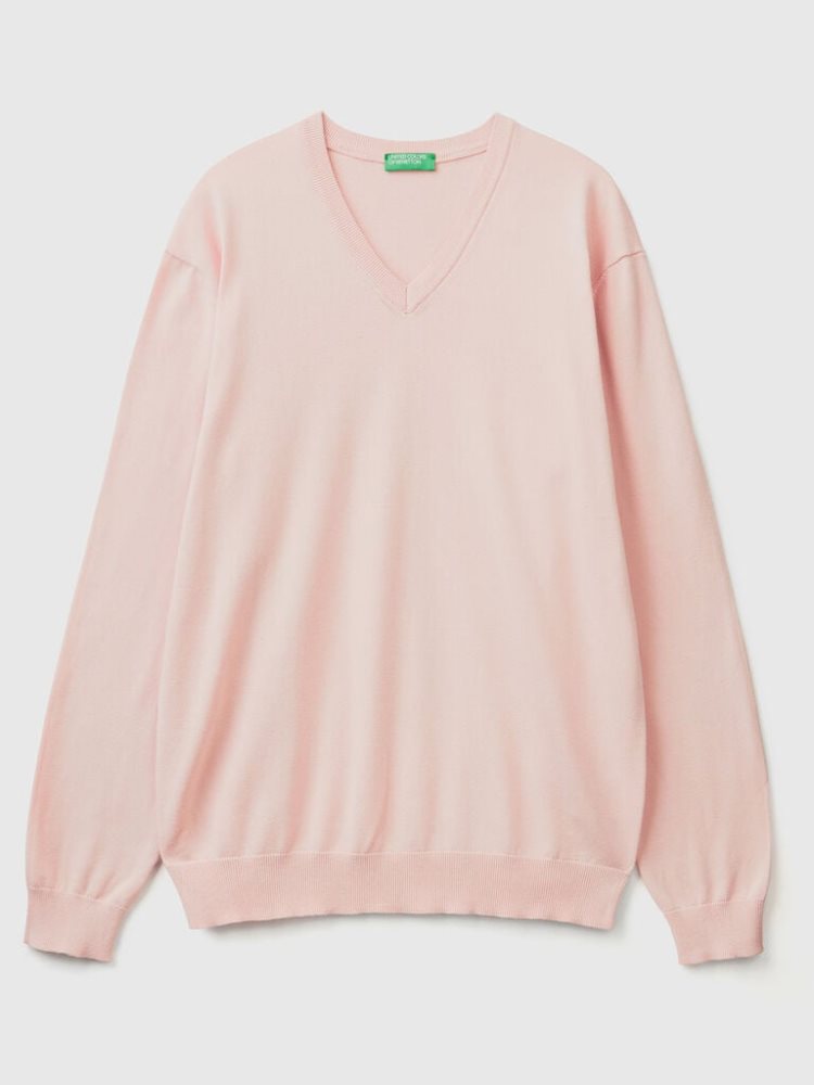 Benetton Pure Katoenen V-neck Truien Heren Roze | BE227055