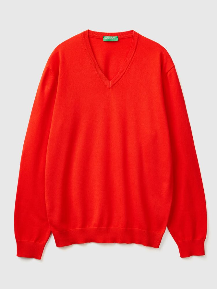 Benetton Pure Katoenen V-neck Truien Heren Rood | BE290669