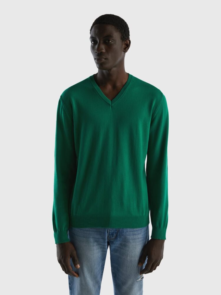 Benetton Pure Katoenen V-neck Truien Heren Donkergroen | BE627489