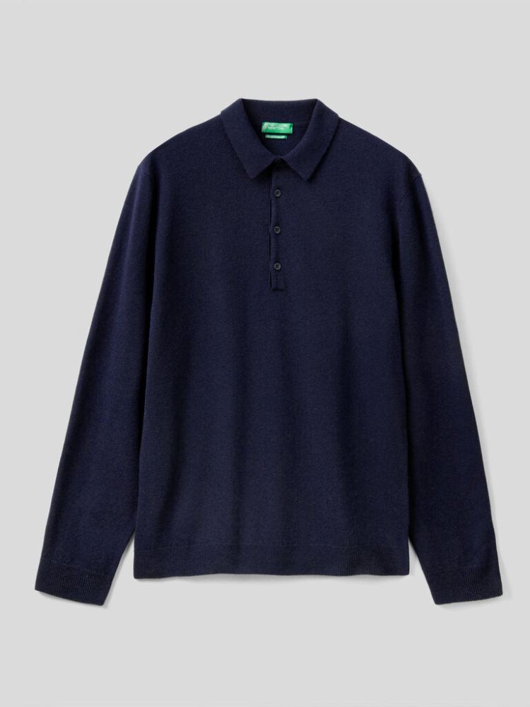 Benetton Pure Merino Wol Long Sleeve Polos Heren Donkerblauw | BE011663