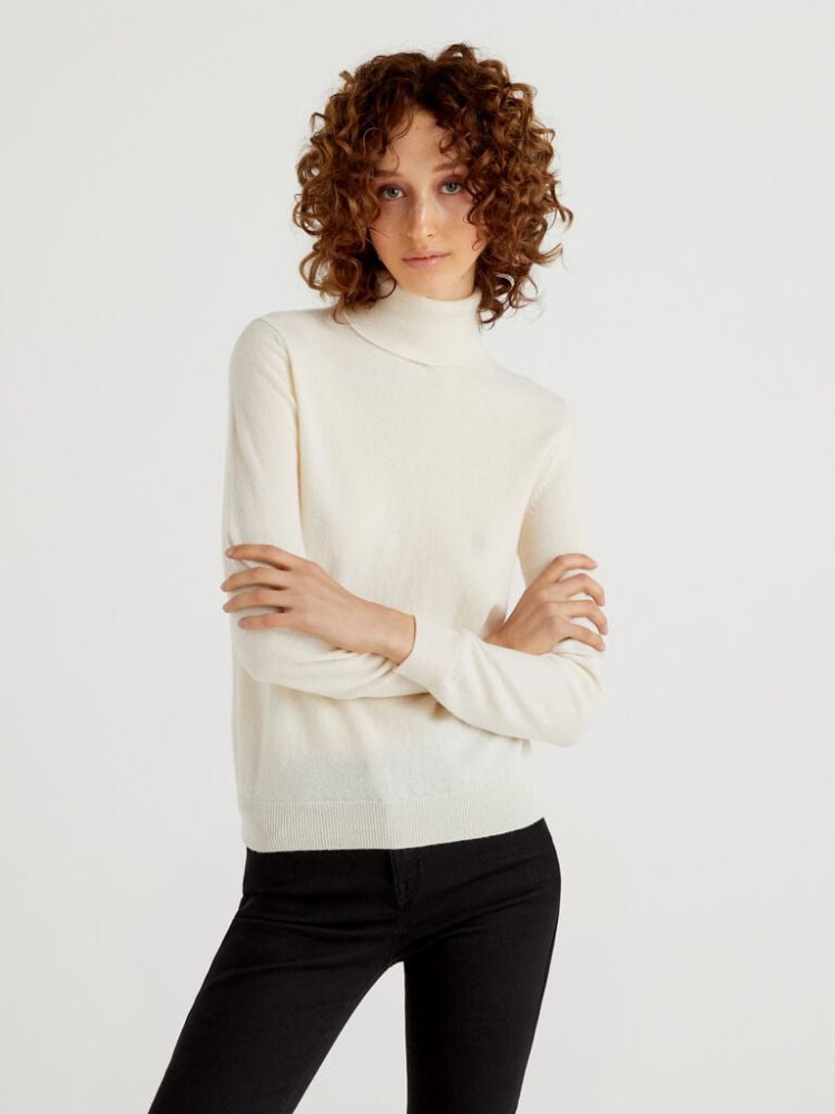 Benetton Pure Merino Wol Turtleneck High Neck Sweaters Dames Room Wit | BE016823