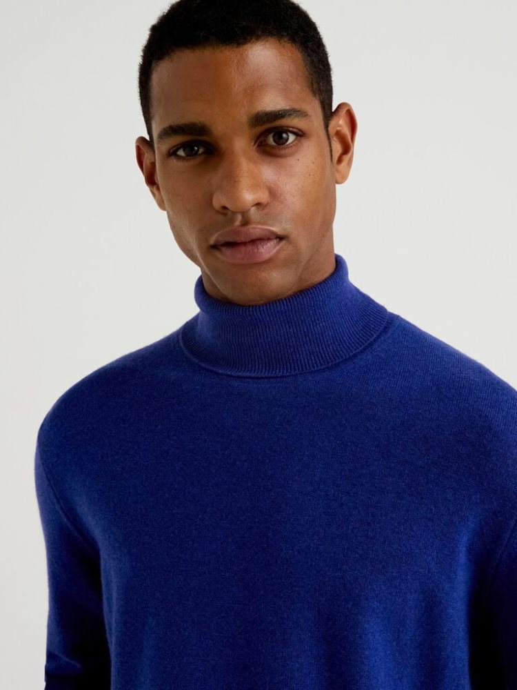 Benetton Pure Merino Wol Turtleneck High Neck Sweaters Heren Blauw | BE393033