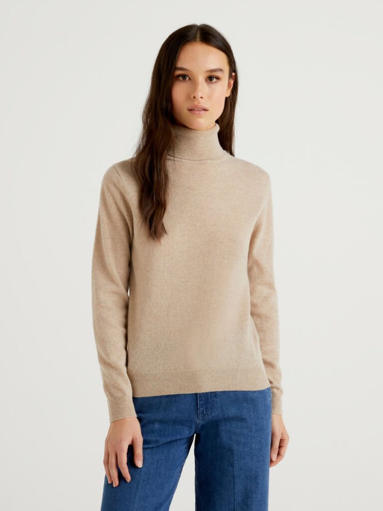 Benetton Pure Merino Wol Turtleneck High Neck Sweaters Dames Beige | BE440453