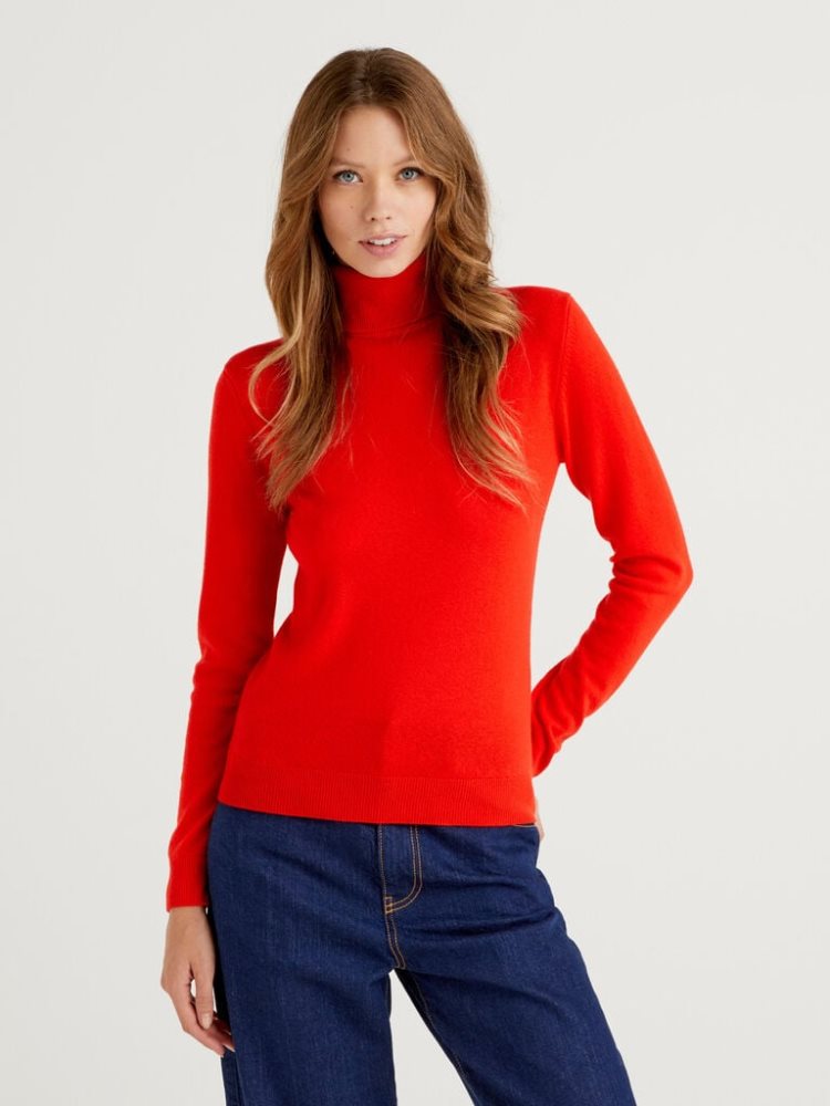 Benetton Pure Merino Wol Turtleneck High Neck Sweaters Dames Koraal Rood | BE450969