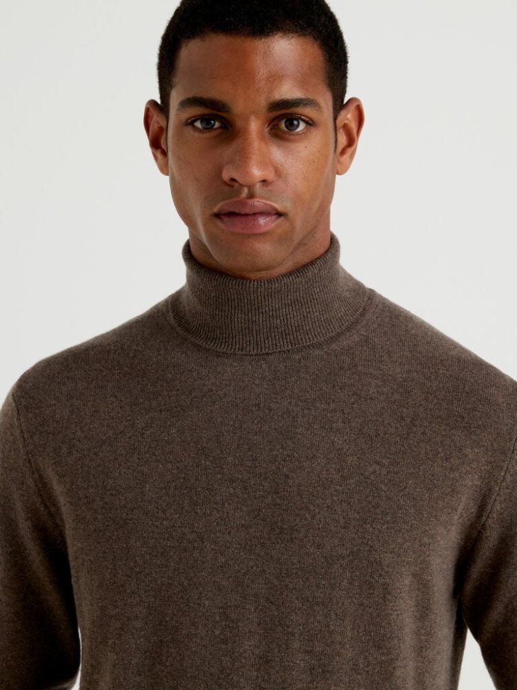 Benetton Pure Merino Wol Turtleneck High Neck Sweaters Heren Bruin | BE932420