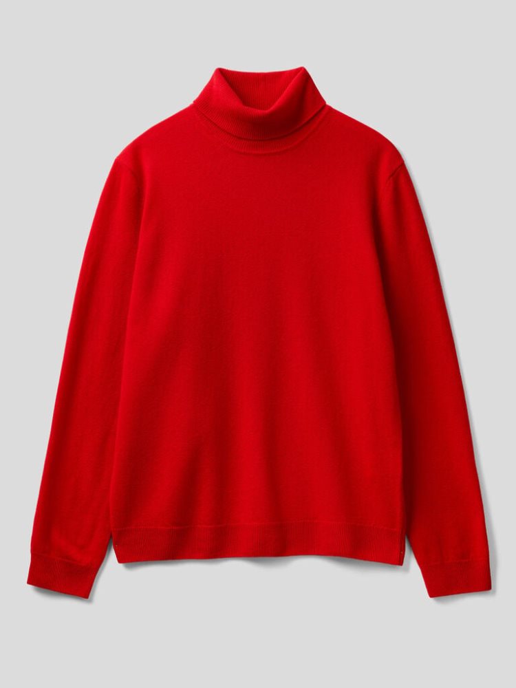 Benetton Pure Merino Wol Turtleneck High Neck Sweaters Heren Rood | BE968716