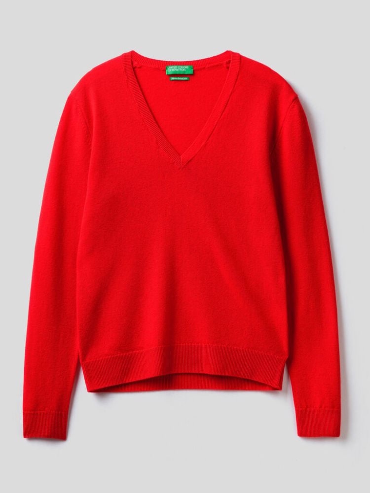 Benetton Pure Merino Wol V-neck Truien Dames Koraal Rood | BE039798