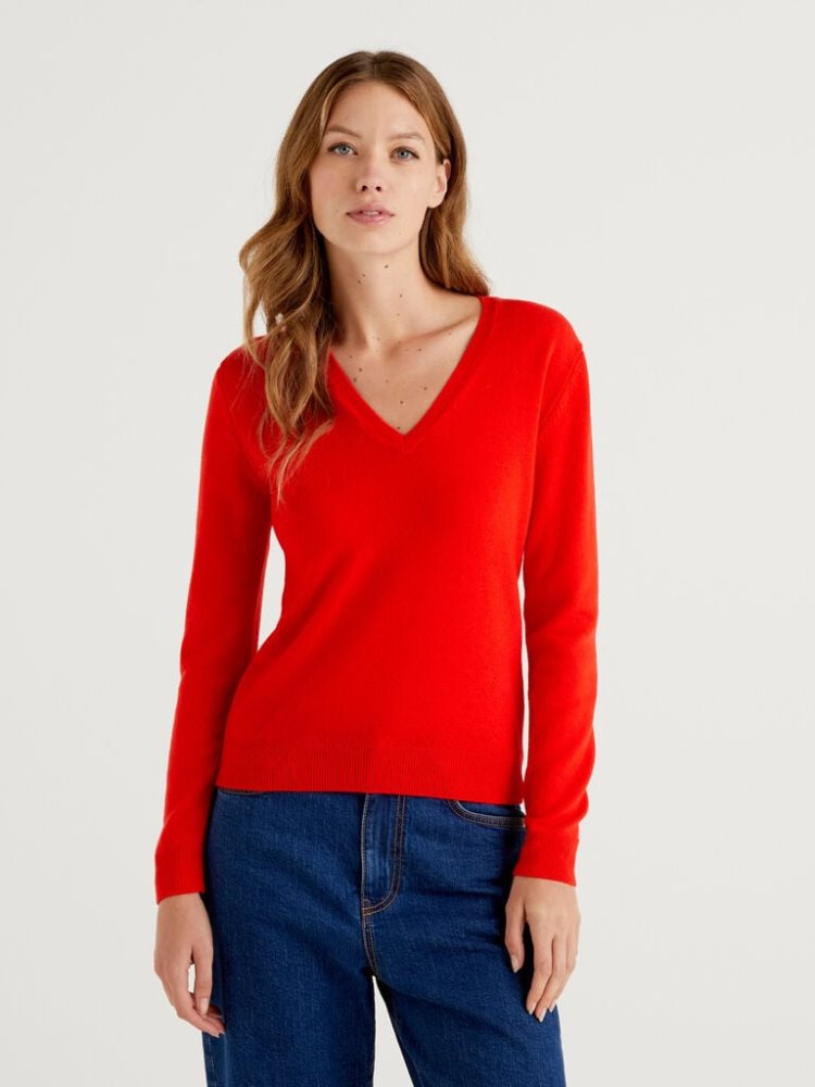 Benetton Pure Merino Wol V-neck Truien Dames Koraal Rood | BE039798