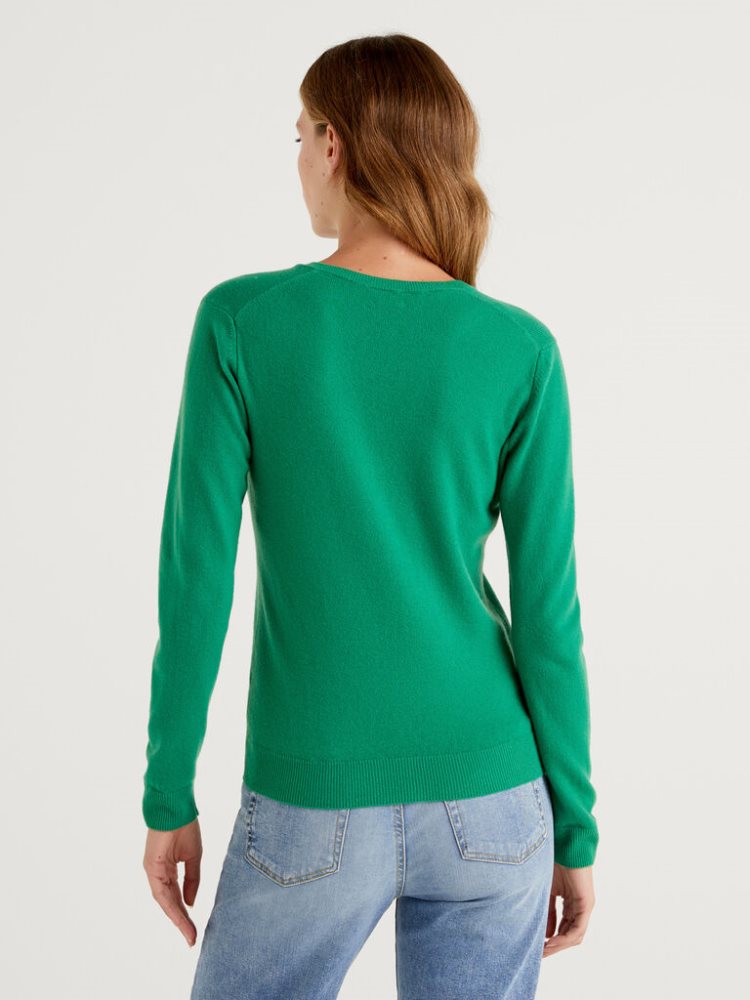 Benetton Pure Merino Wol V-neck Truien Dames Groen | BE071078