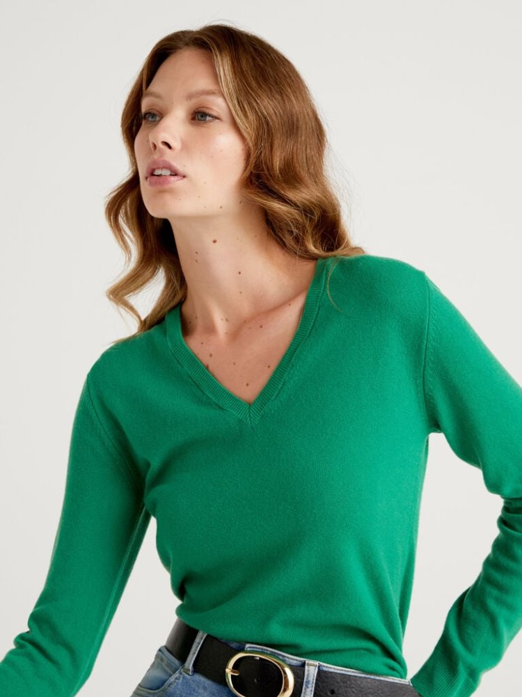 Benetton Pure Merino Wol V-neck Truien Dames Groen | BE071078