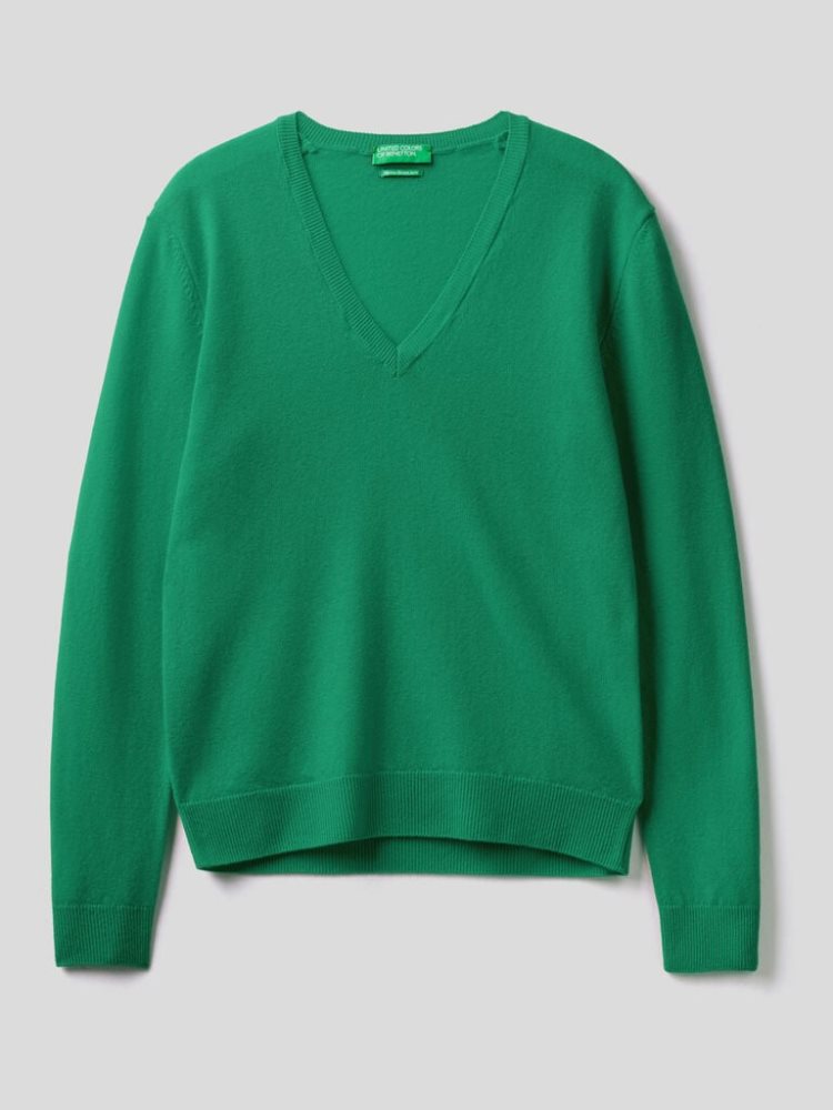 Benetton Pure Merino Wol V-neck Truien Dames Groen | BE071078