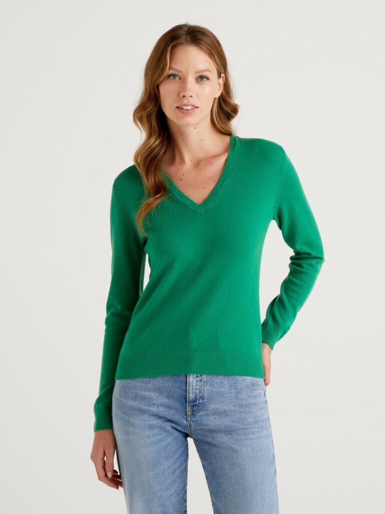 Benetton Pure Merino Wol V-neck Truien Dames Groen | BE071078