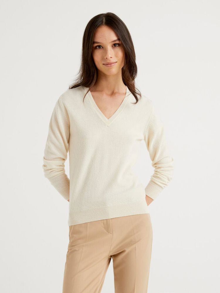 Benetton Pure Merino Wol V-neck Truien Dames Room Wit | BE128151