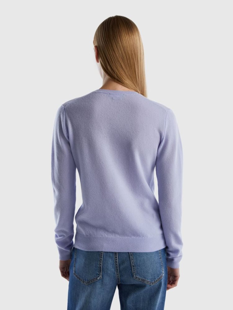 Benetton Pure Merino Wol V-neck Truien Dames Lavendel | BE298754