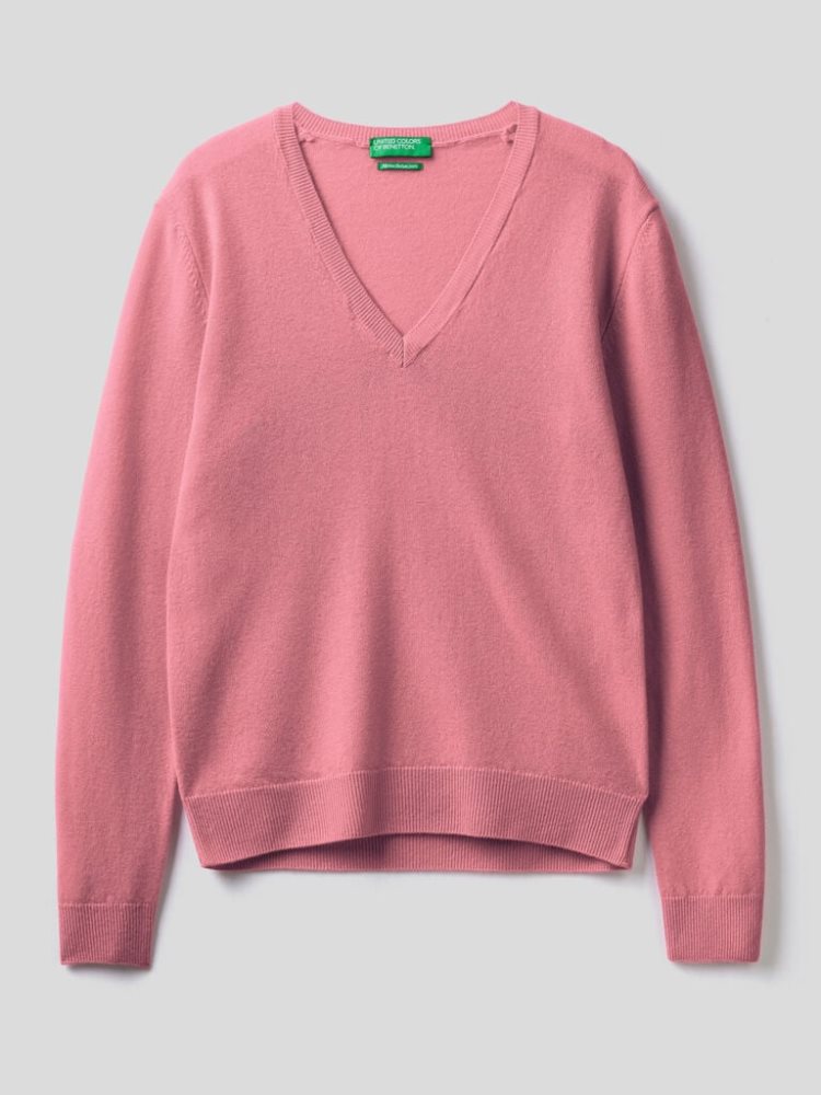 Benetton Pure Merino Wol V-neck Truien Dames Roze | BE495850