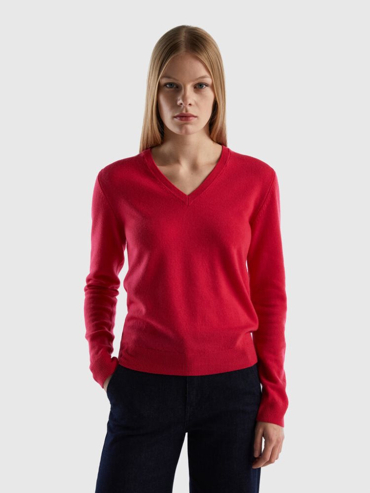 Benetton Pure Merino Wol V-neck Truien Dames Diepfuchsie | BE503842