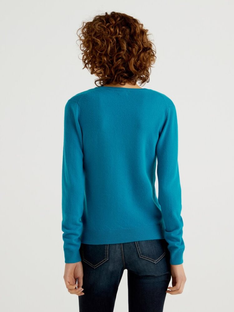 Benetton Pure Merino Wol V-neck Truien Dames Teal | BE521893