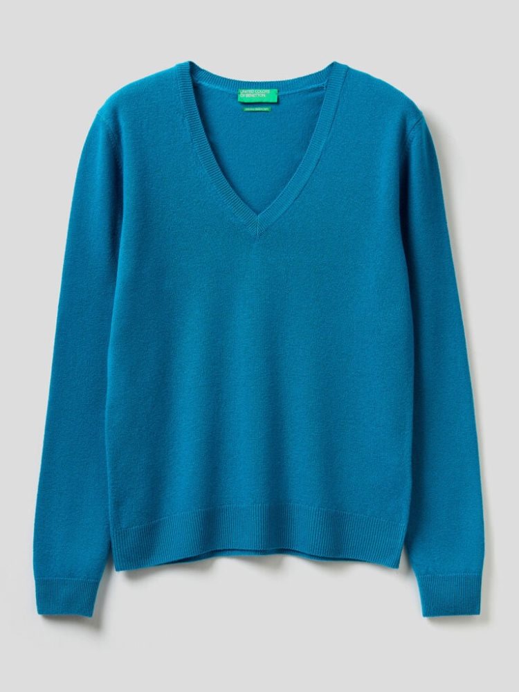 Benetton Pure Merino Wol V-neck Truien Dames Teal | BE521893