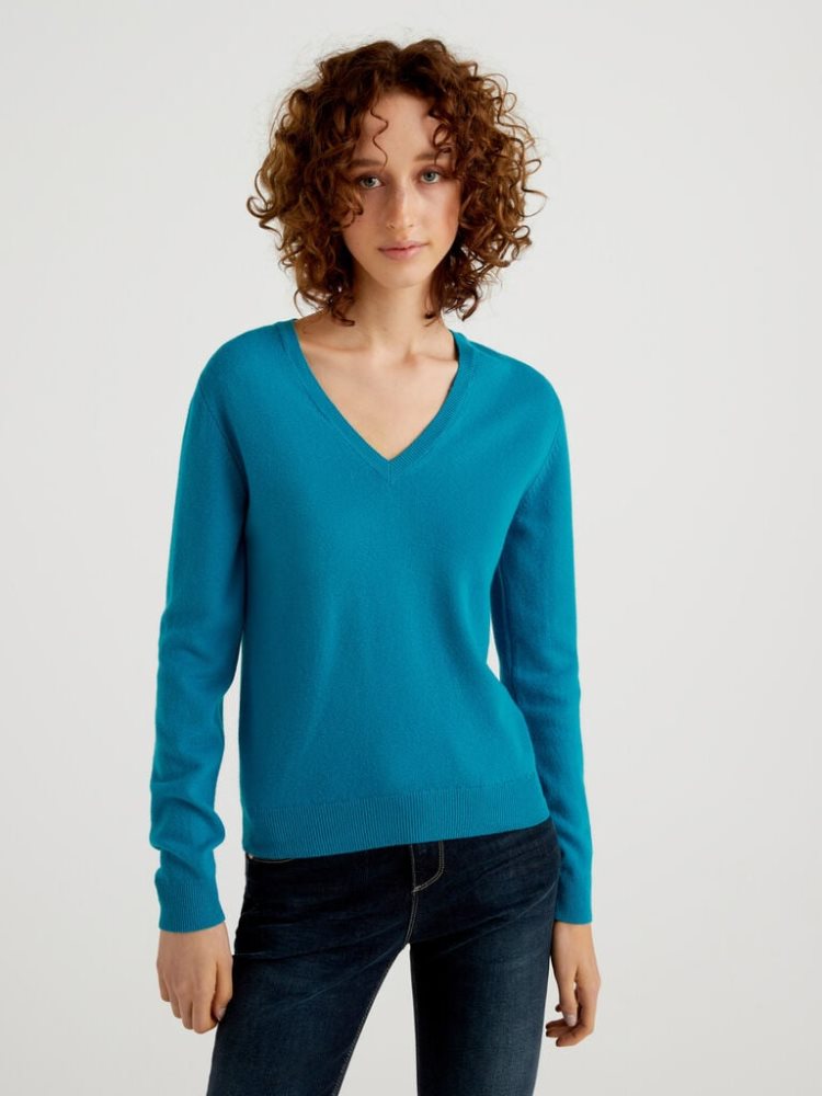 Benetton Pure Merino Wol V-neck Truien Dames Teal | BE521893