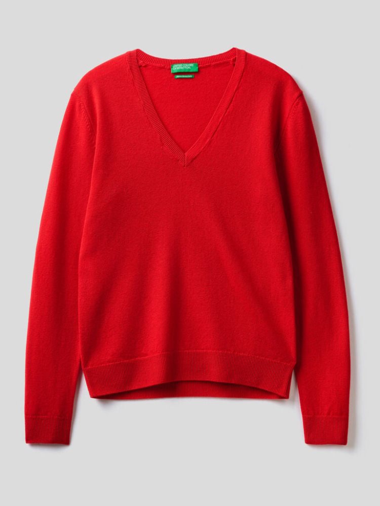 Benetton Pure Merino Wol V-neck Truien Dames Rood | BE784792