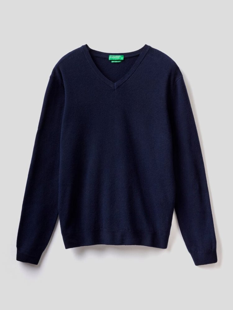 Benetton Pure Merino Wol V-neck Truien Heren Donkerblauw | BE747020