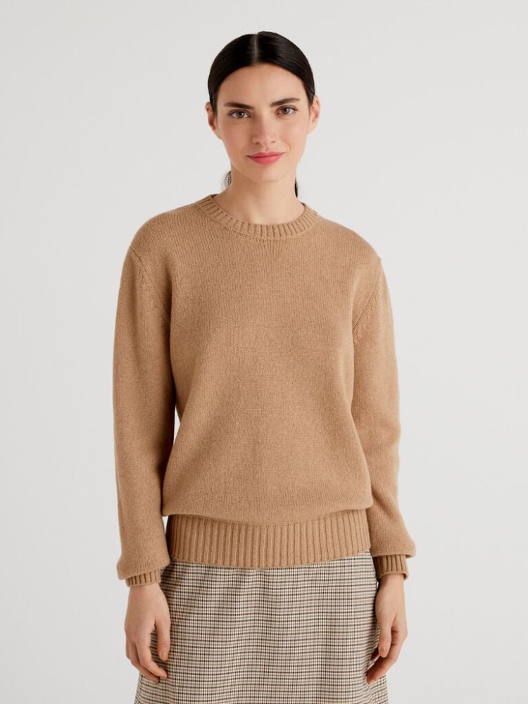 Benetton Pure Shetland Wol Crew Neck Sweaters Dames Camel | BE066993