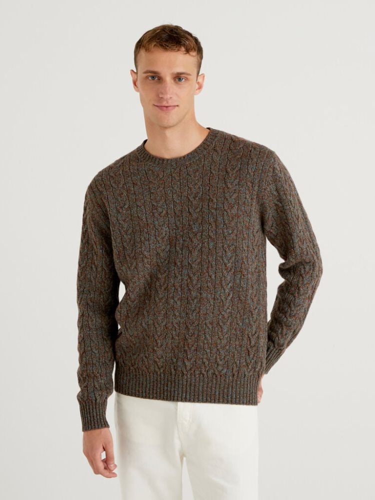 Benetton Pure Shetland Wol Crew Neck Sweaters Heren Donkergrijs | BE196836