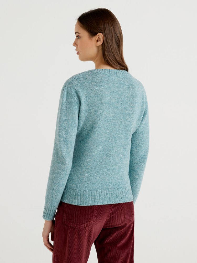 Benetton Pure Shetland Wol Crew Neck Sweaters Dames Blauw | BE582639