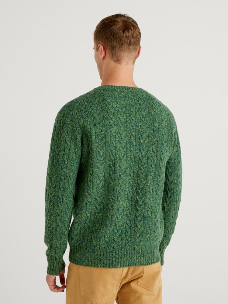 Benetton Pure Shetland Wol Crew Neck Sweaters Heren Groen | BE693686