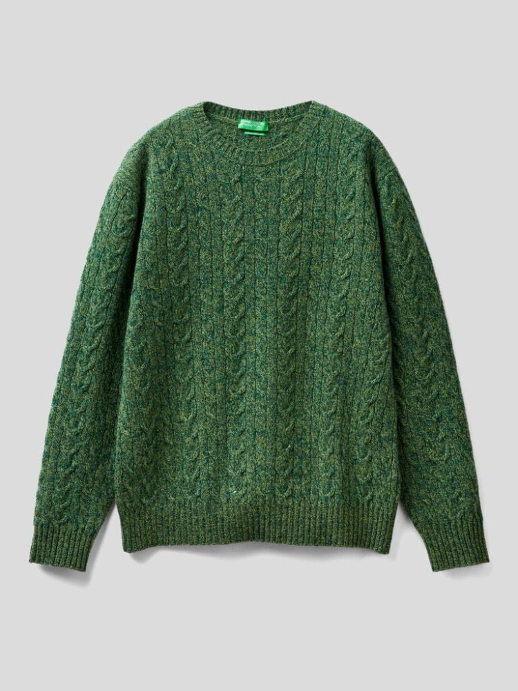 Benetton Pure Shetland Wol Crew Neck Sweaters Heren Groen | BE693686