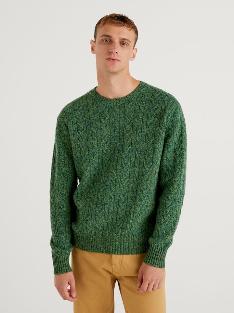 Benetton Pure Shetland Wol Crew Neck Sweaters Heren Groen | BE693686