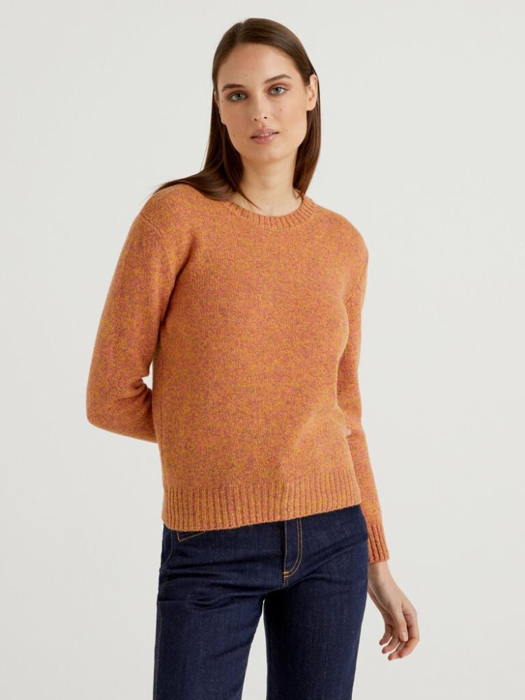 Benetton Pure Shetland Wol Crew Neck Sweaters Dames Oranje | BE742466