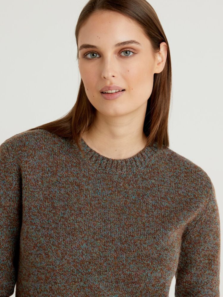 Benetton Pure Shetland Wol Crew Neck Sweaters Dames Bruin | BE794650