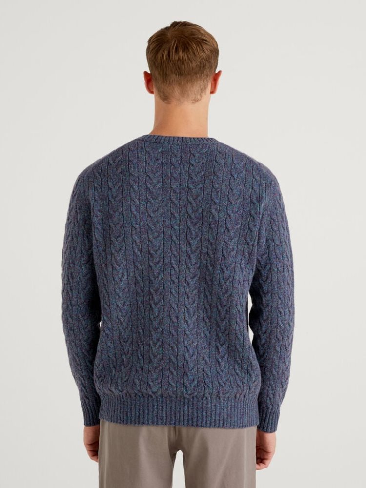 Benetton Pure Shetland Wol Crew Neck Sweaters Heren Blauw | BE960779