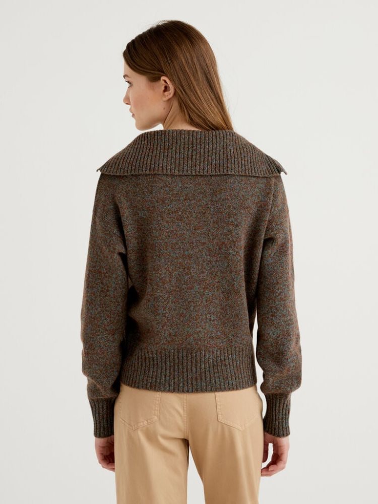 Benetton Pure Tricot Shetland Wol V-neck Sweaters Dames Bruin | BE124028