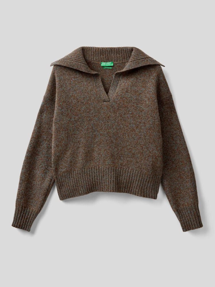 Benetton Pure Tricot Shetland Wol V-neck Sweaters Dames Bruin | BE124028