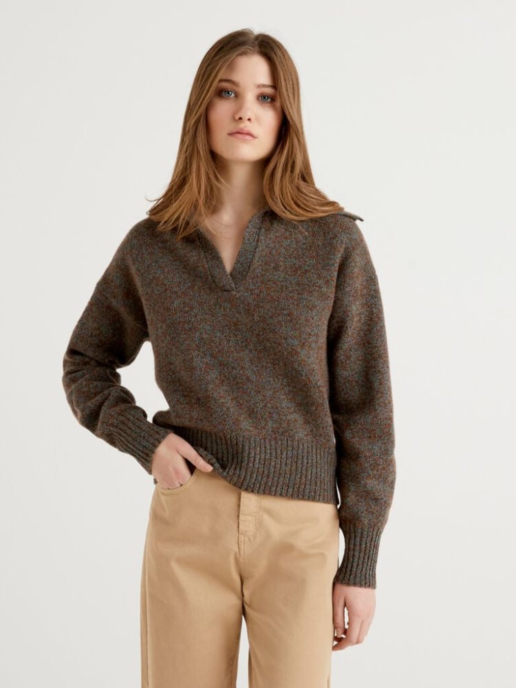 Benetton Pure Tricot Shetland Wol V-neck Sweaters Dames Bruin | BE124028