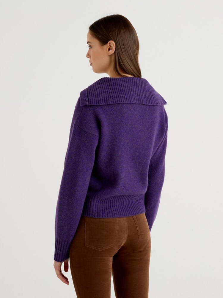 Benetton Pure Tricot Shetland Wol V-neck Sweaters Dames Violet | BE571318