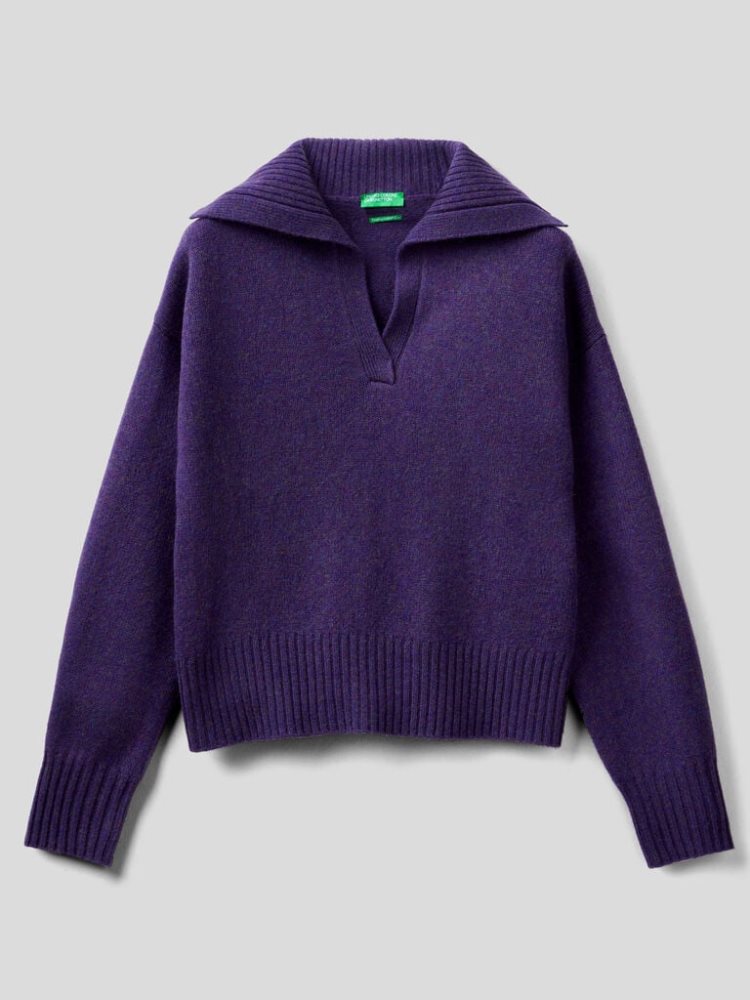 Benetton Pure Tricot Shetland Wol V-neck Sweaters Dames Violet | BE571318