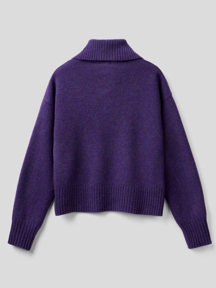 Benetton Pure Tricot Shetland Wol V-neck Sweaters Dames Violet | BE571318