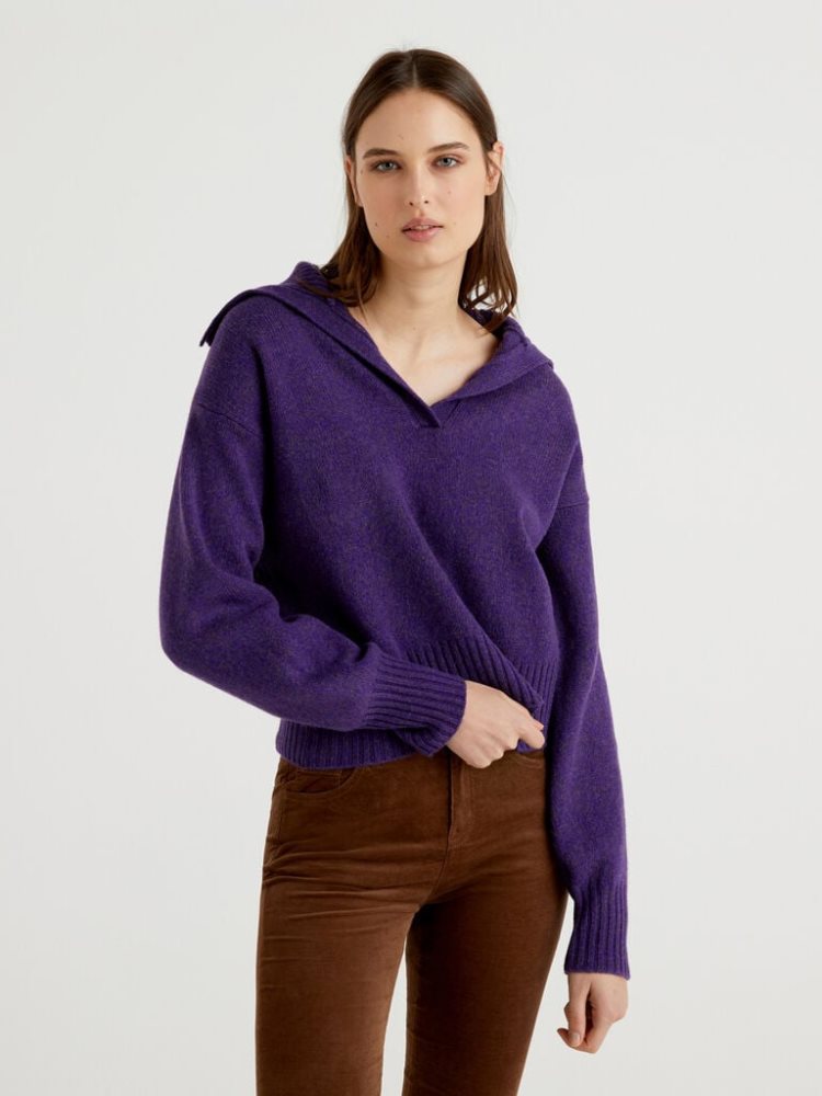 Benetton Pure Tricot Shetland Wol V-neck Sweaters Dames Violet | BE571318