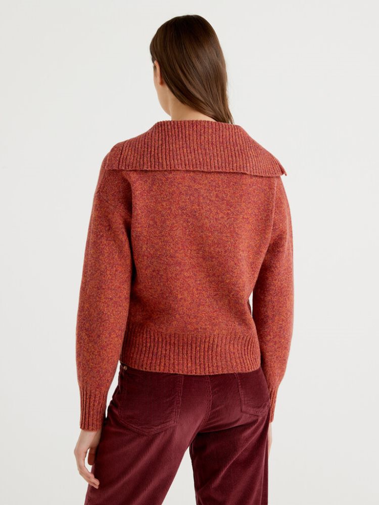 Benetton Pure Tricot Shetland Wol V-neck Sweaters Dames Rood | BE620847