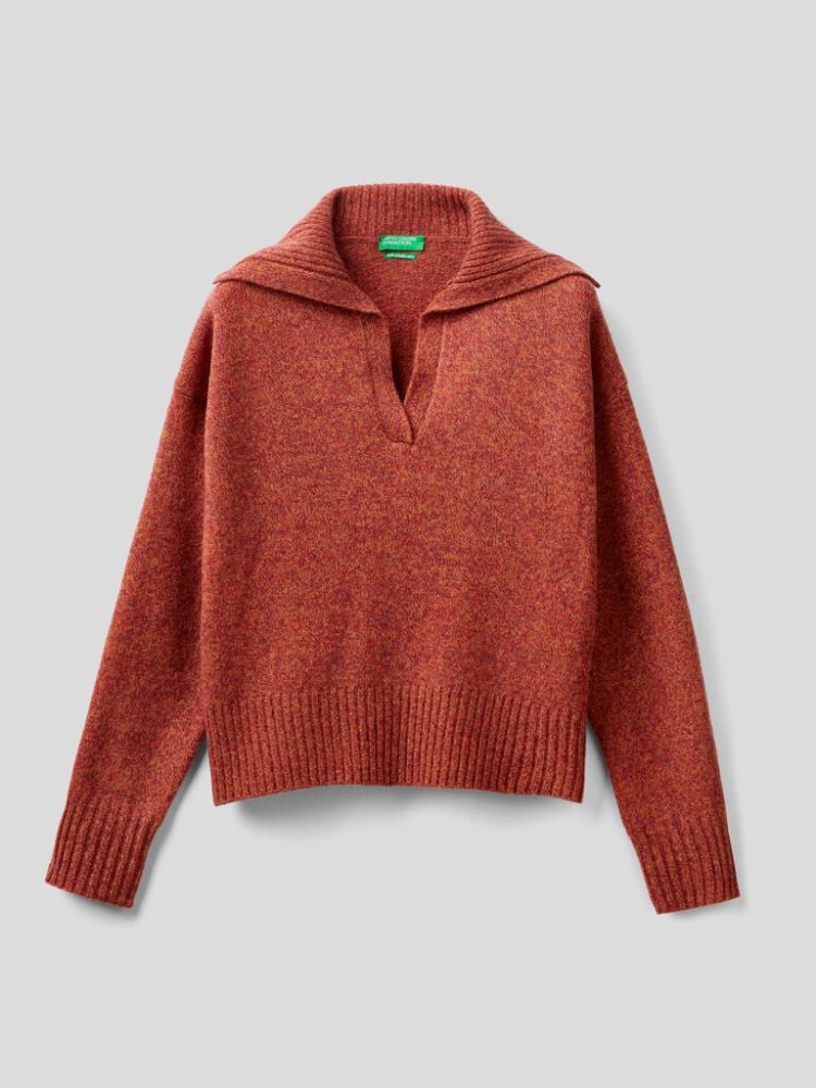 Benetton Pure Tricot Shetland Wol V-neck Sweaters Dames Rood | BE620847